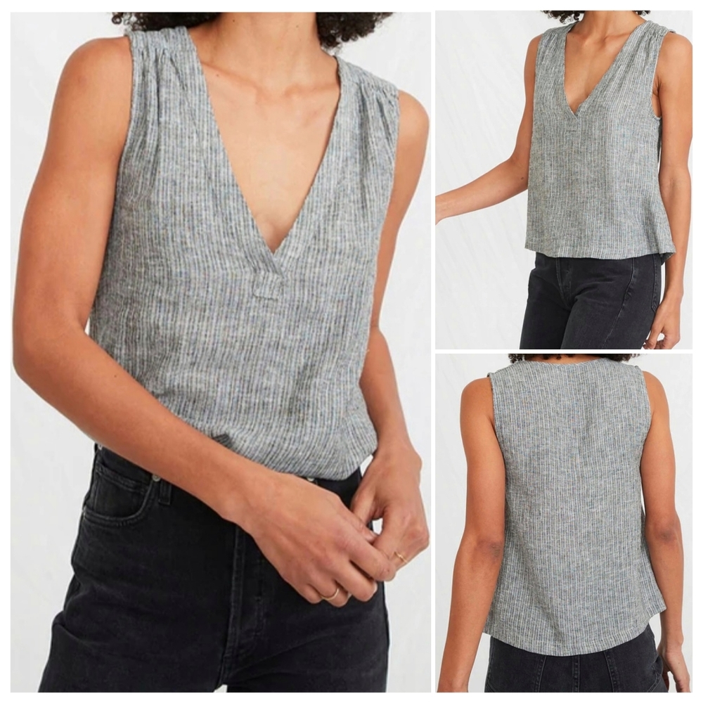 Marine Layer | Tory Tank Top Black White Stripe Linen Rayon Blend Medium